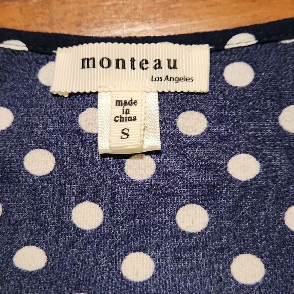 5/$15 Monteau Los Angeles women's size small spaghetti strap navy polka dot top - Picture 2 of 7